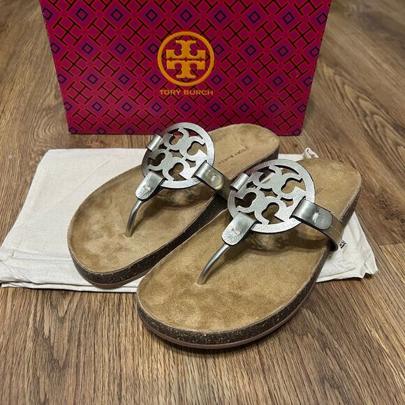 TORY BURCH TB spark gold leather cork miller cloud sandals shoes women’s 8 new - Picture 1 of 8